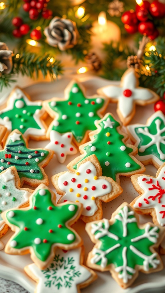 Classic Christmas Sugar Cookies Recipe Decorated Christmas sugar cookies in festive shapes with icing and sprinkles on a holiday-themed background.
